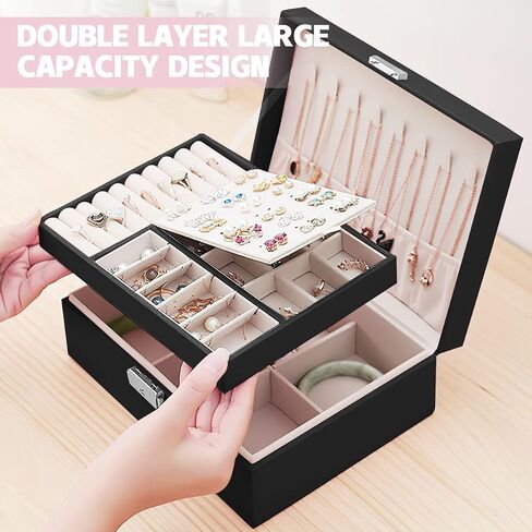 Jewelry Box for Women,Large Capacity Jewelry Organizer Box,2 Tiers Removable Tray Display Earrings Bracelet,PU Leather and Soft Velvet Lined Jewelry Box,Ideal Gift for Women Girls Wife （Black） in Saudi Arabia