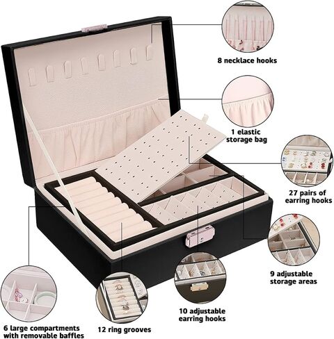 Jewelry Box for Women,Large Capacity Jewelry Organizer Box,2 Tiers Removable Tray Display Earrings Bracelet,PU Leather and Soft Velvet Lined Jewelry Box,Ideal Gift for Women Girls Wife （Black） in Saudi Arabia