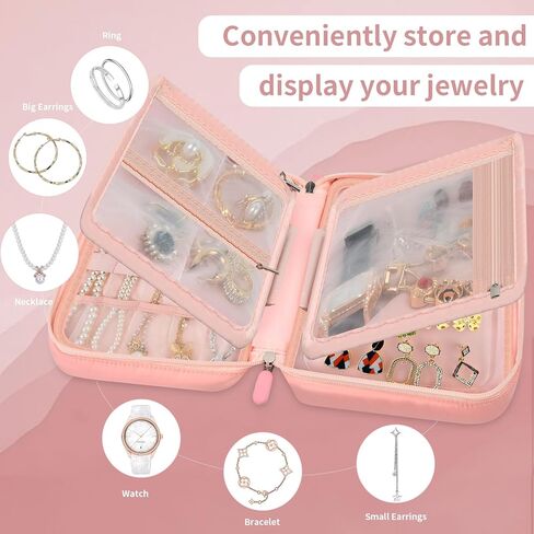 Peciue Travel Jewelry Box Organizer Case, Ornament Holder Boxes for Women, Storage Roll Bags Zipper Carrying Pouch for Necklaces, Earrings, Rings, Bracelets, Brooches- Pink (Bag Only) in Kuwait