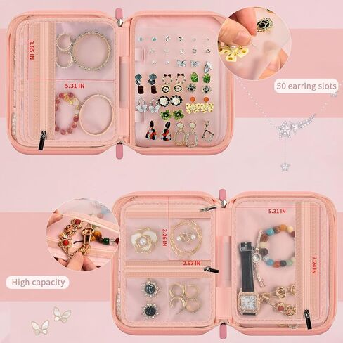 Peciue Travel Jewelry Box Organizer Case, Ornament Holder Boxes for Women, Storage Roll Bags Zipper Carrying Pouch for Necklaces, Earrings, Rings, Bracelets, Brooches- Pink (Bag Only) in Kuwait