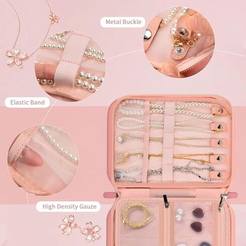 Peciue Travel Jewelry Box Organizer Case, Ornament Holder Boxes for Women, Storage Roll Bags Zipper Carrying Pouch for Necklaces, Earrings, Rings, Bracelets, Brooches- Pink (Bag Only) in Kuwait