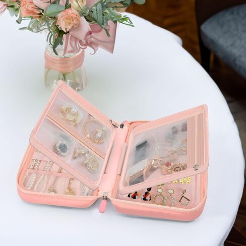 Peciue Travel Jewelry Box Organizer Case, Ornament Holder Boxes for Women, Storage Roll Bags Zipper Carrying Pouch for Necklaces, Earrings, Rings, Bracelets, Brooches- Pink (Bag Only) in Kuwait
