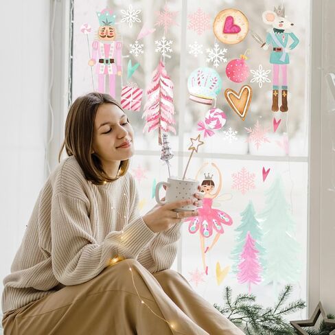 Nutcracker Christmas Window Clings,Nutcracker Christmas Decorations 9 Sheets Pink Merry Christmas Removable Window Stickers for Home Shop Window Glass Display Party Supplies in Kuwait