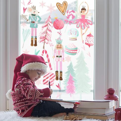 Nutcracker Christmas Window Clings,Nutcracker Christmas Decorations 9 Sheets Pink Merry Christmas Removable Window Stickers for Home Shop Window Glass Display Party Supplies in Kuwait