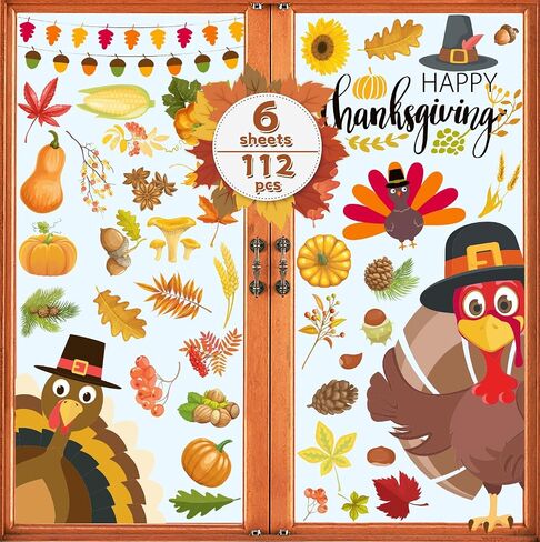 Joy Day Thanksgiving Window Clings 113 PCS Double Side Printed Thanksgiving Fall Window Decor Window Stickers Harvest Window Static Clings Fall Leaves Sticker Window Clings Decals for Home & Office in Saudi Arabia