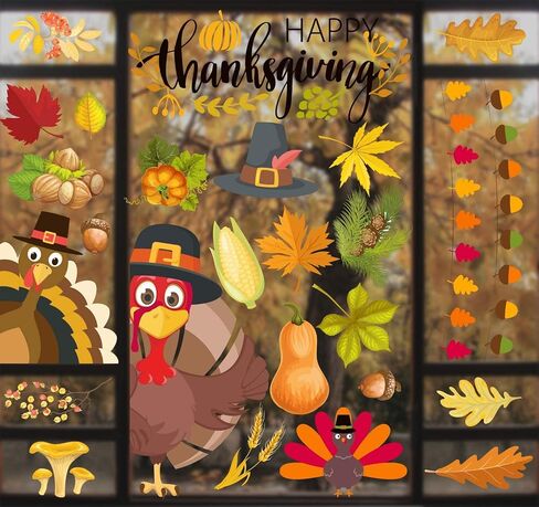 Joy Day Thanksgiving Window Clings 113 PCS Double Side Printed Thanksgiving Fall Window Decor Window Stickers Harvest Window Static Clings Fall Leaves Sticker Window Clings Decals for Home & Office in Saudi Arabia