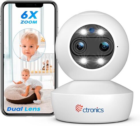 كاميرا أمان داخلية بعدسة مزدوجة من Ctronics واي فاي مع تكبير هجين 6X، كاميرا IP PTZ 360 درجة لأمن المنزل 1080 بكسل، تتبع التكبير التلقائي، كشف الإنسان/الحركة، رؤية ليلية ملونة 20 متر، صفارة الإنذار، صوت ثنائي الاتجاه in Kuwait