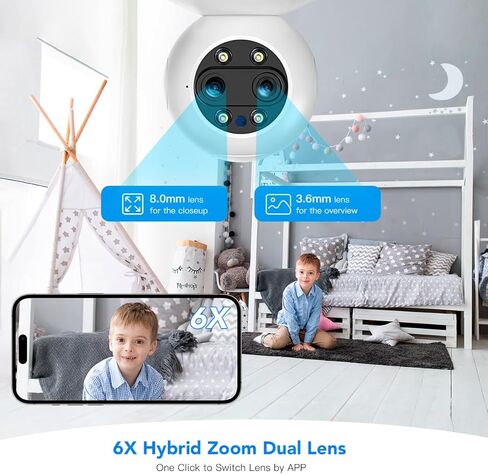 كاميرا أمان داخلية بعدسة مزدوجة من Ctronics واي فاي مع تكبير هجين 6X، كاميرا IP PTZ 360 درجة لأمن المنزل 1080 بكسل، تتبع التكبير التلقائي، كشف الإنسان/الحركة، رؤية ليلية ملونة 20 متر، صفارة الإنذار، صوت ثنائي الاتجاه in Kuwait