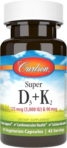 Carlson - Super D3 + K2, 125 mcg (5000 IU) Vitamin D3, 90 mcg Vitamin K2 as MK-7, Bone Support, Calcium Absorption, 45 Vegetarian Capsules in Saudi Arabia