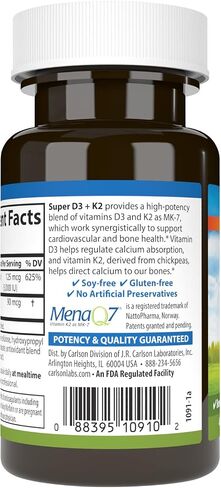 Carlson - Super D3 + K2, 125 mcg (5000 IU) Vitamin D3, 90 mcg Vitamin K2 as MK-7, Bone Support, Calcium Absorption, 45 Vegetarian Capsules in Saudi Arabia