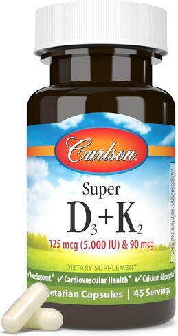 Carlson - Super D3 + K2, 125 mcg (5000 IU) Vitamin D3, 90 mcg Vitamin K2 as MK-7, Bone Support, Calcium Absorption, 45 Vegetarian Capsules in Saudi Arabia