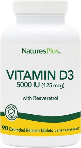 NaturesPlus Vitamin D3, Extended Release - 90 Vegan Tablets - 5000 IU + 25 mg Trans-Resveratrol - Heart & Bone Health, Immune System Support, Anti-Aging - Gluten Free - 90 Servings in Saudi Arabia