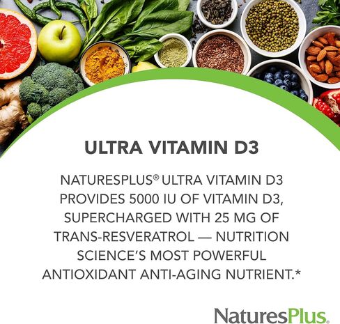 NaturesPlus Vitamin D3, Extended Release - 90 Vegan Tablets - 5000 IU + 25 mg Trans-Resveratrol - Heart & Bone Health, Immune System Support, Anti-Aging - Gluten Free - 90 Servings in Saudi Arabia