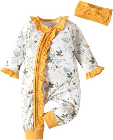 LUJENGEFA رومبير بناتي خريفي بأكمام طويلة مطبوع عليه زهور ونيسيي لحديثي الولادة ملابس الفتيات الصغيرات مع عصابة رأس in Kuwait