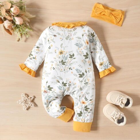 LUJENGEFA رومبير بناتي خريفي بأكمام طويلة مطبوع عليه زهور ونيسيي لحديثي الولادة ملابس الفتيات الصغيرات مع عصابة رأس in Kuwait