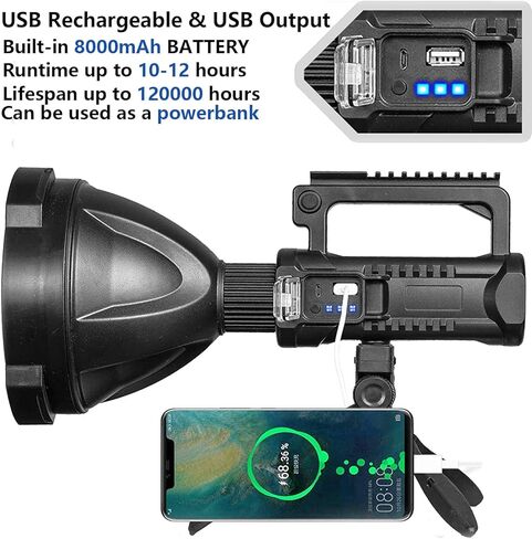 مصباح كشاف قابل لإعادة الشحن عالي الشموع، 90000 لومن إضاءة فائقة مع 4 أوضاع ومخرج USB، كشاف ليد مقاوم للماء مع حامل ثلاثي، ضوء كشاف قوي للتخييم / الطوارئ in Kuwait