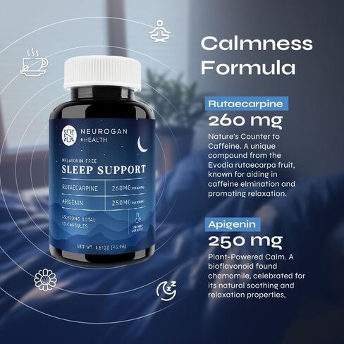Rutaecarpine + Apigenin (510 MG) - Natural Sleep Aid + Calming Formula for Caffeine Consumption - 90ct - Made in USA in Kuwait