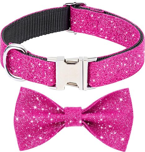 طوق ربطة عنق للكلاب من Jumpress Bling للكلاب والقطط الصغيرة، طوق كلب وردي لطيف للفتيات مع قوس للمشي اليومي أو حفلة العطلات (مناسب للرقبة 9-12 بوصة) in Kuwait