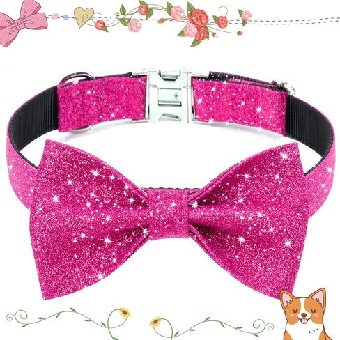 طوق ربطة عنق للكلاب من Jumpress Bling للكلاب والقطط الصغيرة، طوق كلب وردي لطيف للفتيات مع قوس للمشي اليومي أو حفلة العطلات (مناسب للرقبة 9-12 بوصة) in Kuwait