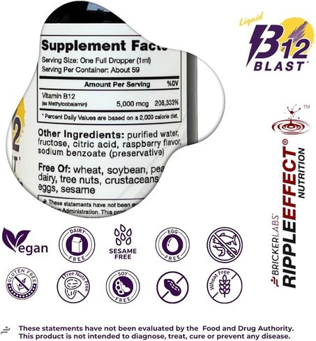 Bricker Labs B12 Blast Methylcobalamin فيتامين ب12 السائل، فيتامينات الطاقة، مكمل الطاقة (1000 ميكروجرام) in Kuwait