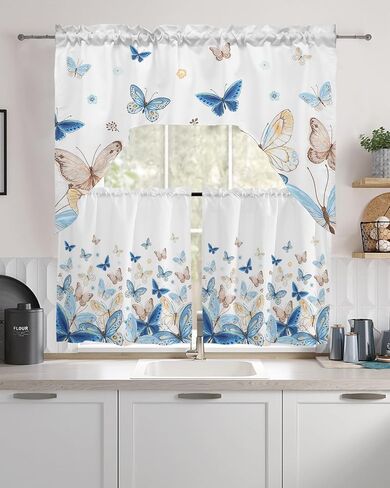 Blue Butter-fly Swag Kitchen Curtain Sets with Valance,3 Pieces Rod Pocket Curtain Drapes for Bedroom Living Room Bathroom Windows,Country Aesthetics Gradient Brown Art 56''x36'' & 24''x27.5''x2Panels in Saudi Arabia