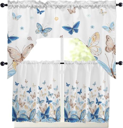 Blue Butter-fly Swag Kitchen Curtain Sets with Valance,3 Pieces Rod Pocket Curtain Drapes for Bedroom Living Room Bathroom Windows,Country Aesthetics Gradient Brown Art 56''x36'' & 24''x27.5''x2Panels in Saudi Arabia