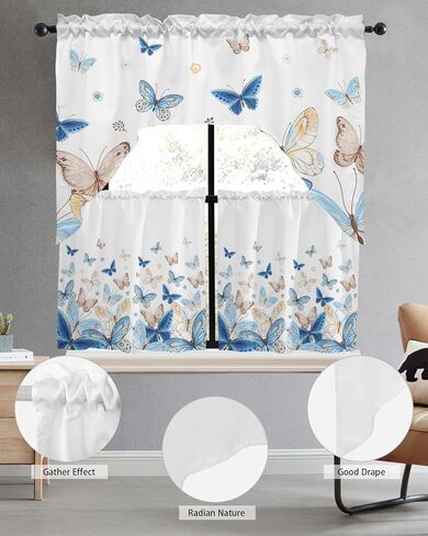 Blue Butter-fly Swag Kitchen Curtain Sets with Valance,3 Pieces Rod Pocket Curtain Drapes for Bedroom Living Room Bathroom Windows,Country Aesthetics Gradient Brown Art 56''x36'' & 24''x27.5''x2Panels in Saudi Arabia