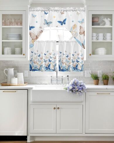 Blue Butter-fly Swag Kitchen Curtain Sets with Valance,3 Pieces Rod Pocket Curtain Drapes for Bedroom Living Room Bathroom Windows,Country Aesthetics Gradient Brown Art 56''x36'' & 24''x27.5''x2Panels in Saudi Arabia