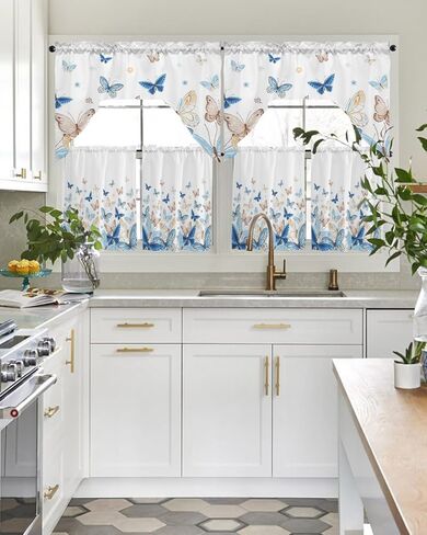 Blue Butter-fly Swag Kitchen Curtain Sets with Valance,3 Pieces Rod Pocket Curtain Drapes for Bedroom Living Room Bathroom Windows,Country Aesthetics Gradient Brown Art 56''x36'' & 24''x27.5''x2Panels in Saudi Arabia
