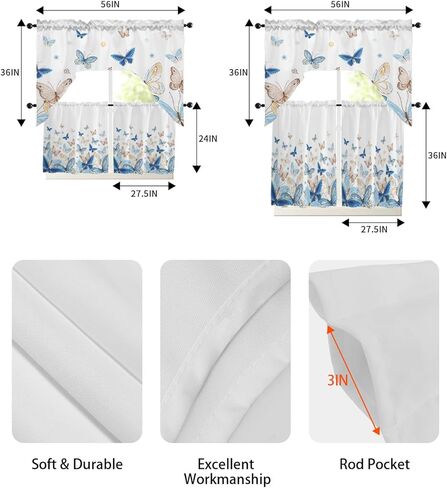 Blue Butter-fly Swag Kitchen Curtain Sets with Valance,3 Pieces Rod Pocket Curtain Drapes for Bedroom Living Room Bathroom Windows,Country Aesthetics Gradient Brown Art 56''x36'' & 24''x27.5''x2Panels in Saudi Arabia