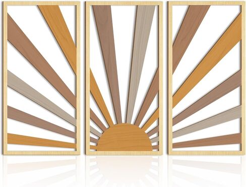 اوياو لوحة فنية جدارية خشبية كبيرة بتصميم بوهو بخط هندسي مجوف من منتصف القرن، 3 لوحات منحوتات حائط بتصميم شروق الشمس، مجموعة خشبية لغرفة المعيشة وغرفة النوم والمطبخ والمكتب وديكور الحائط 16 × 32 انش in Kuwait