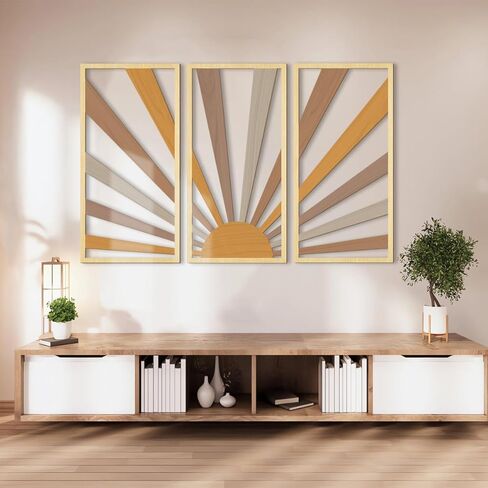 اوياو لوحة فنية جدارية خشبية كبيرة بتصميم بوهو بخط هندسي مجوف من منتصف القرن، 3 لوحات منحوتات حائط بتصميم شروق الشمس، مجموعة خشبية لغرفة المعيشة وغرفة النوم والمطبخ والمكتب وديكور الحائط 16 × 32 انش in Kuwait