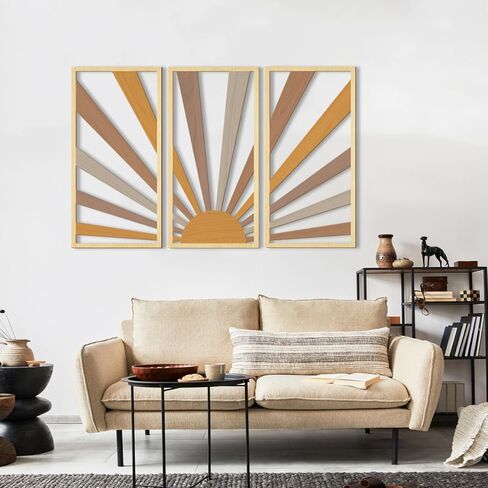 اوياو لوحة فنية جدارية خشبية كبيرة بتصميم بوهو بخط هندسي مجوف من منتصف القرن، 3 لوحات منحوتات حائط بتصميم شروق الشمس، مجموعة خشبية لغرفة المعيشة وغرفة النوم والمطبخ والمكتب وديكور الحائط 16 × 32 انش in Kuwait