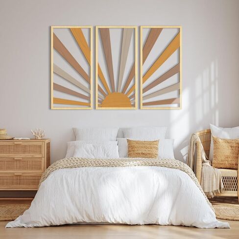 اوياو لوحة فنية جدارية خشبية كبيرة بتصميم بوهو بخط هندسي مجوف من منتصف القرن، 3 لوحات منحوتات حائط بتصميم شروق الشمس، مجموعة خشبية لغرفة المعيشة وغرفة النوم والمطبخ والمكتب وديكور الحائط 16 × 32 انش in Kuwait