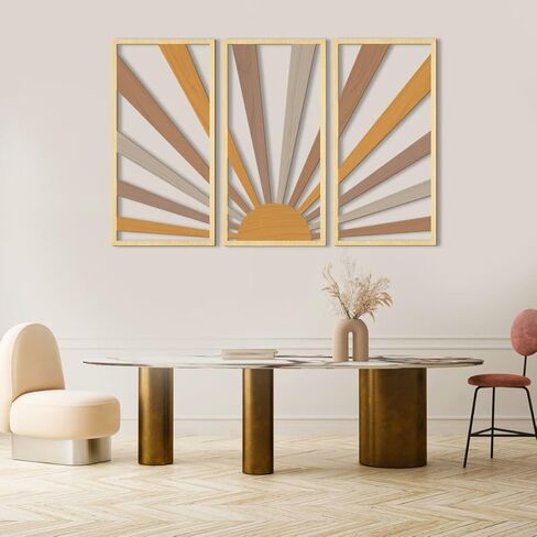 اوياو لوحة فنية جدارية خشبية كبيرة بتصميم بوهو بخط هندسي مجوف من منتصف القرن، 3 لوحات منحوتات حائط بتصميم شروق الشمس، مجموعة خشبية لغرفة المعيشة وغرفة النوم والمطبخ والمكتب وديكور الحائط 16 × 32 انش in Kuwait