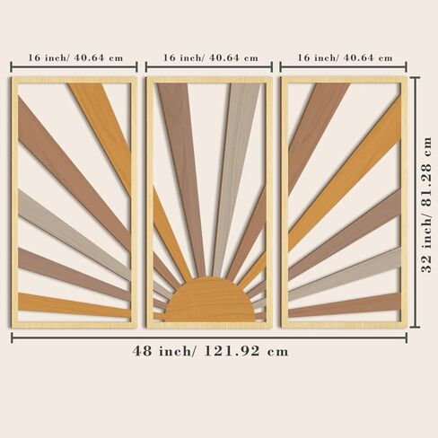 اوياو لوحة فنية جدارية خشبية كبيرة بتصميم بوهو بخط هندسي مجوف من منتصف القرن، 3 لوحات منحوتات حائط بتصميم شروق الشمس، مجموعة خشبية لغرفة المعيشة وغرفة النوم والمطبخ والمكتب وديكور الحائط 16 × 32 انش in Kuwait