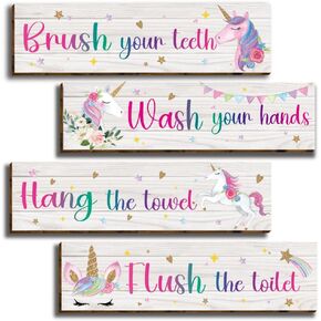 HIWERAN 4 Pcs Unicorn Bathroom Wall Decor Signs, Inspirational Unicorn Decorations Wall Art Signs for Kids, Funny Bathroom Rules Wood Hanging Sign Toilet Restroom Wall Decor-2 in Kuwait