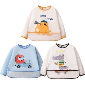 Jarafom 3PCS Long Sleeves Waterproof Baby Bibs Smock Apron Food Catcher Pocket Soft Machine Washable 6-24 Months in Saudi Arabia