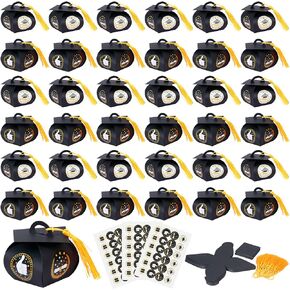 KATOOM 30pcs Graduation Sweet Boxes,6CM*6CM Doctoral Cap Shaped Gift Box Black Celebration Treat Biscuit Chocolate with Yellow Tassel for Ceremony Party
