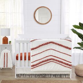 Sweet Jojo Designs Orange Boho Bohemian Girl boy Baby Crib Bedding Set Infant Nursery Blanket Fitted Sheet Skirt Diaper Stacker 4p Burnt Rust Ivory Farmhouse Shabby Chic Modern Tassel Fringe Cotton
