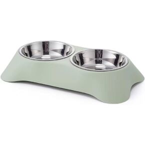 Double Dog Bowl, Stainless Steel Double Bowl, Anti-Slip, Anti-Spill and Removable(Green-Medium)
