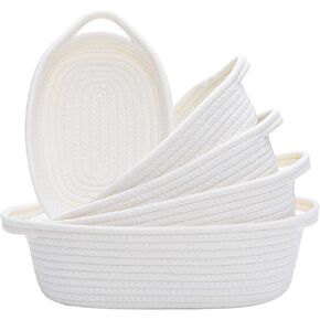 مجموعة سلة تخزين مستطيلة مكونة من 5 قطع من HNBQMX - سلال منسوجة من حبال القطن الطبيعي للتنظيم، سلة صغيرة مع مقابض للأرفف، سلال الألعاب، سلة للتخزين، صندوق تخزين الحمام (أبيض فاتح) in Kuwait