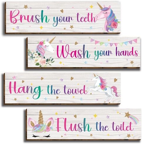 HIWERAN 4 Pcs Unicorn Bathroom Wall Decor Signs, Inspirational Unicorn Decorations Wall Art Signs for Kids, Funny Bathroom Rules Wood Hanging Sign Toilet Restroom Wall Decor-2 in Kuwait