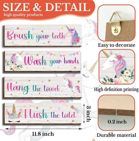 HIWERAN 4 Pcs Unicorn Bathroom Wall Decor Signs, Inspirational Unicorn Decorations Wall Art Signs for Kids, Funny Bathroom Rules Wood Hanging Sign Toilet Restroom Wall Decor-2 in Kuwait