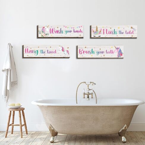 HIWERAN 4 Pcs Unicorn Bathroom Wall Decor Signs, Inspirational Unicorn Decorations Wall Art Signs for Kids, Funny Bathroom Rules Wood Hanging Sign Toilet Restroom Wall Decor-2 in Kuwait