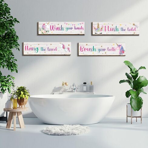 HIWERAN 4 Pcs Unicorn Bathroom Wall Decor Signs, Inspirational Unicorn Decorations Wall Art Signs for Kids, Funny Bathroom Rules Wood Hanging Sign Toilet Restroom Wall Decor-2 in Kuwait