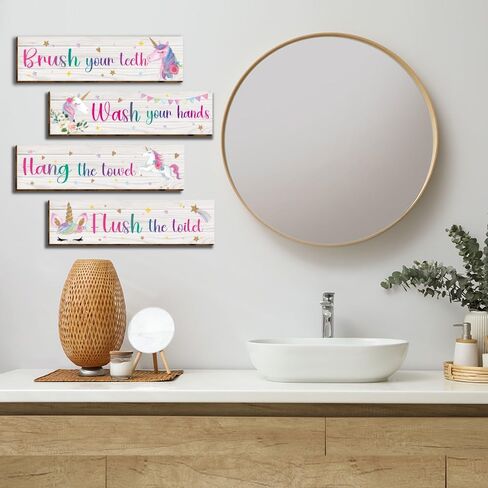 HIWERAN 4 Pcs Unicorn Bathroom Wall Decor Signs, Inspirational Unicorn Decorations Wall Art Signs for Kids, Funny Bathroom Rules Wood Hanging Sign Toilet Restroom Wall Decor-2 in Kuwait