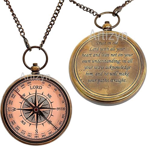 Trust in The Lord with All Your Heart - Proverbs 3: 5-6 Quote Engraved Brass Compass for Women's Men's Boy & Girls - Copper Dial Locket Compass with Leather Case, Religious Gifts, Graduation Day Gift in Kuwait