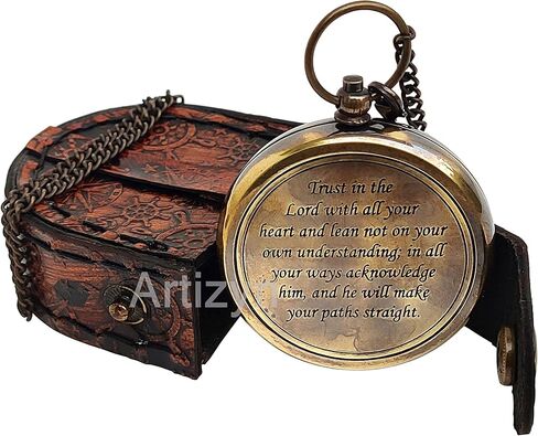 Trust in The Lord with All Your Heart - Proverbs 3: 5-6 Quote Engraved Brass Compass for Women's Men's Boy & Girls - Copper Dial Locket Compass with Leather Case, Religious Gifts, Graduation Day Gift in Kuwait