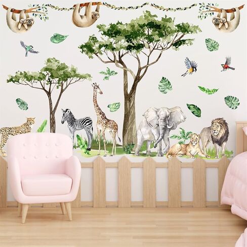 Safari Animal Window Wall Stickers 3D Jungle Animal Wall Decor Stickers Fake Window View Wall Decals Removable Wild Animal Landscape Faux Window Wall Mural for Bedroom Living Room Decoration in Saudi Arabia